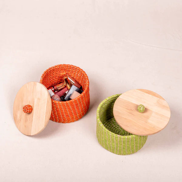 Handwoven Basket With Lid - Green