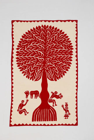 Red Tree of Life Barmer Applique Cotton Wall Hanging (32"x52") -