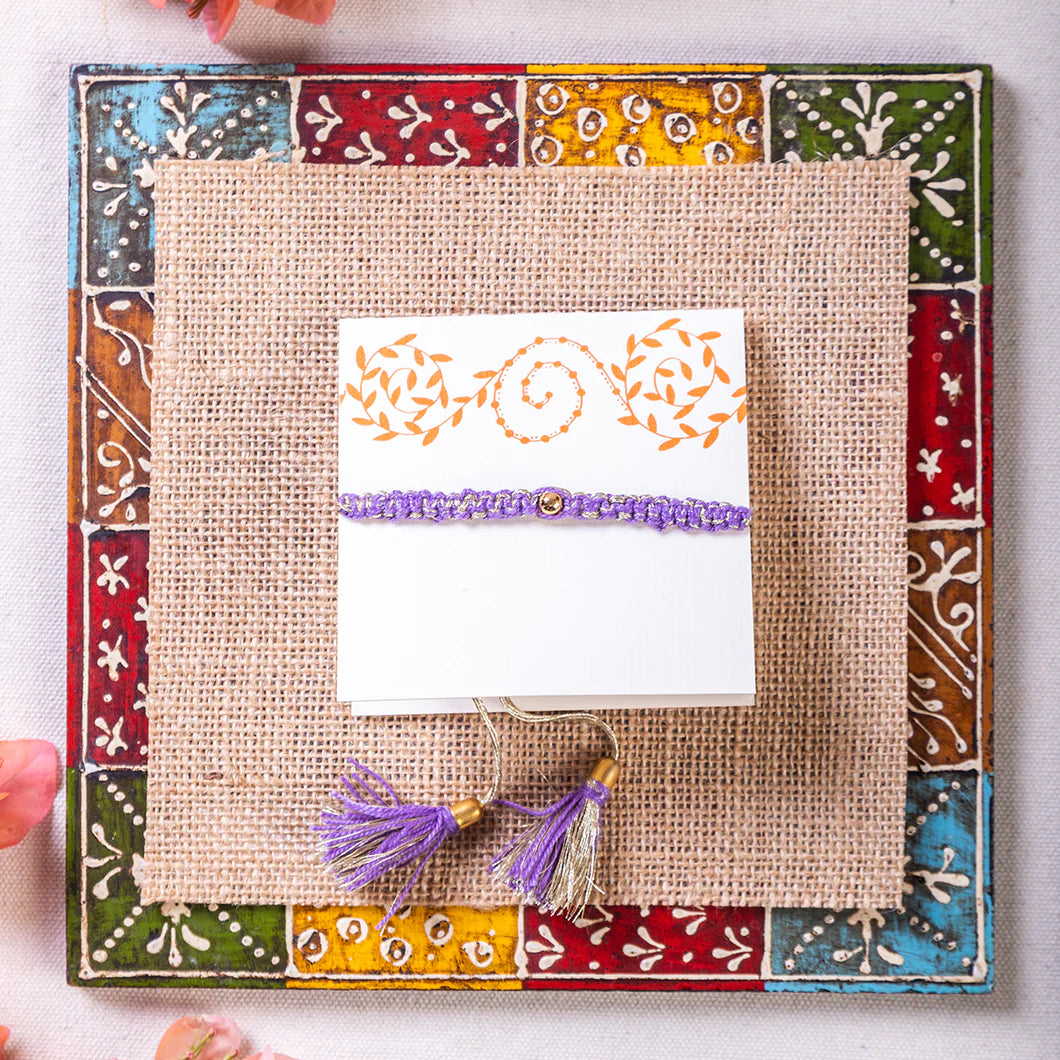 Macrame Rakhi Purple Resham Dhaga gestures.in