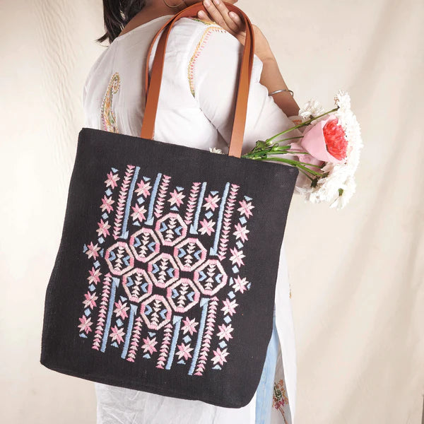 Phulkari Wasabi Tote Bag - Black