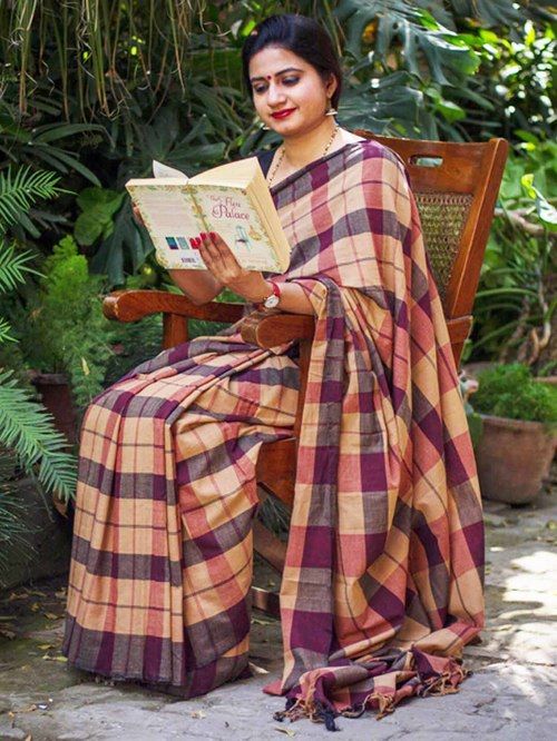 Saree-Yellow and maroon checks