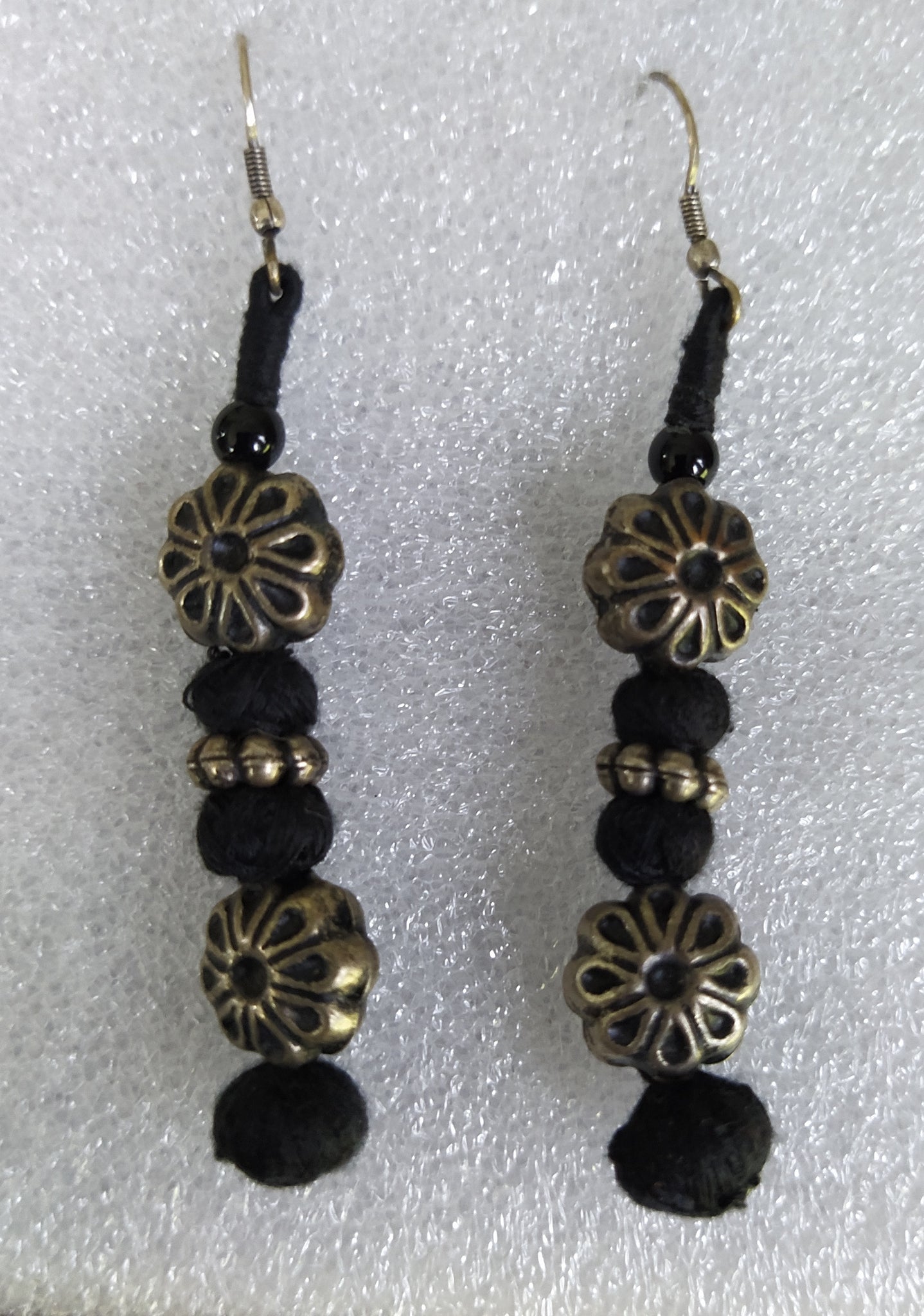 Black Thread and Flower bead Earrings-Big