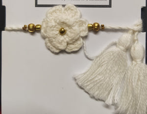 Handmade Crochet Rakhi with Beads - White double flower