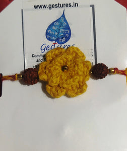 Handmade Crochet Rakhi with Rudraksh - Yellow double flower