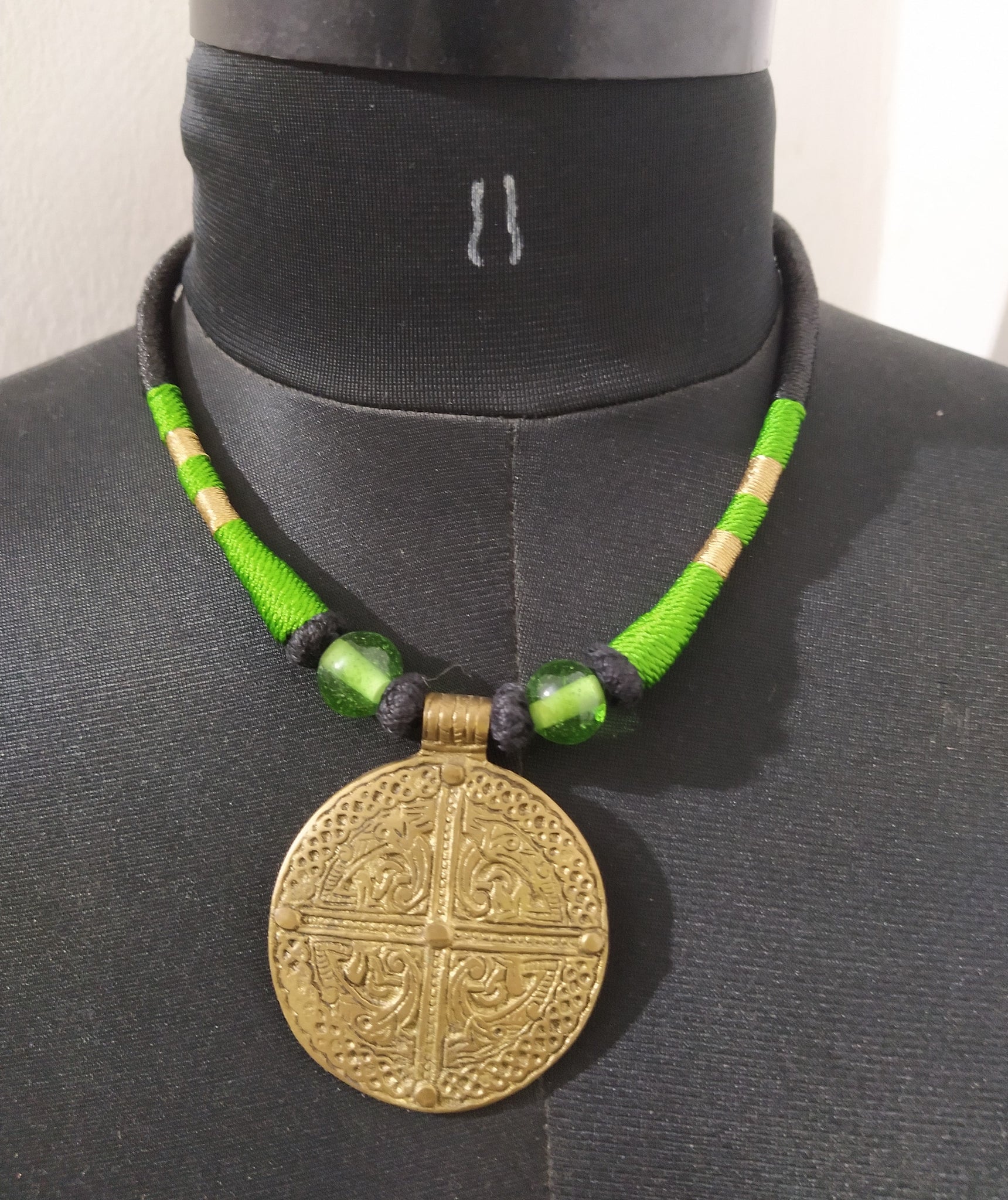 Green  Thread &  Bead Choker-Big Pandent