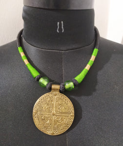 Green  Thread &  Bead Choker-Big Pandent
