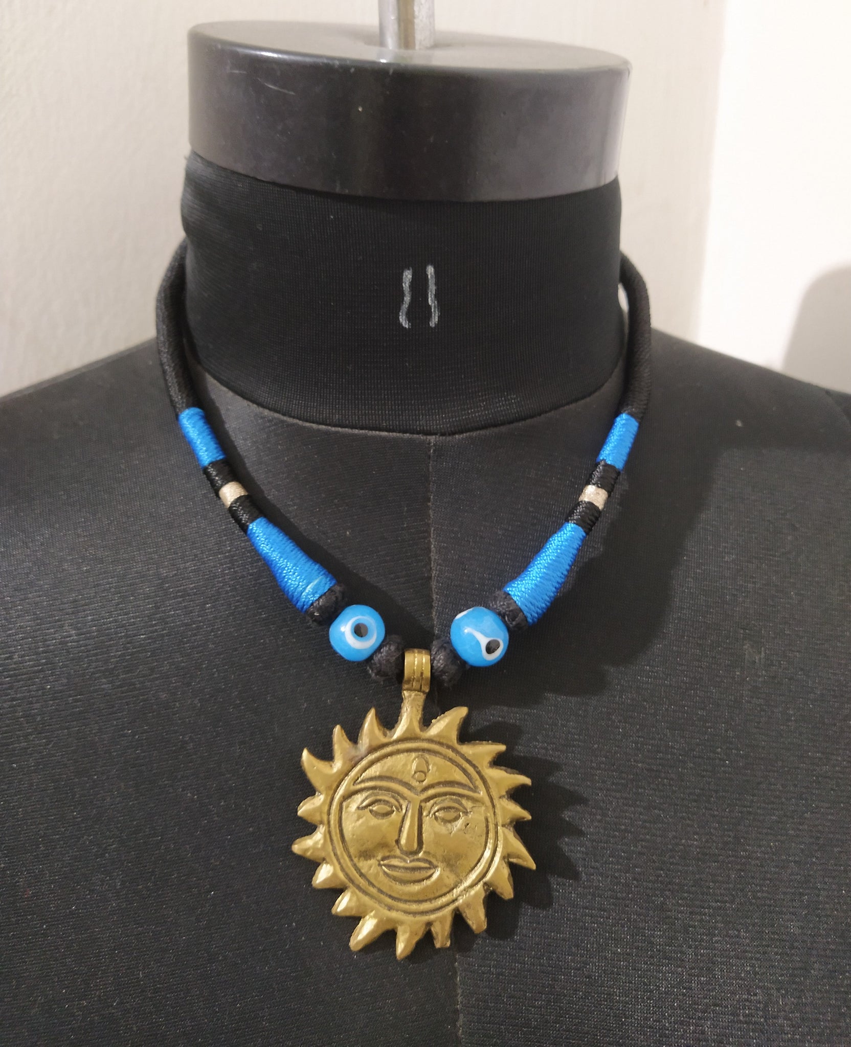 Blue  Thread &  Bead Choker-Big Pandent