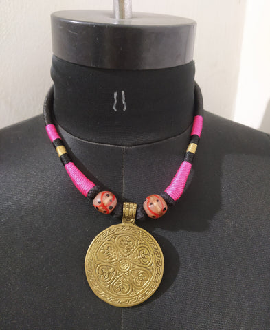 Pink Thread &  Bead Choker-Big Pandent