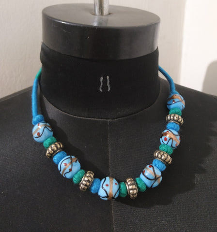Blue Thread & Metal Bead Choker