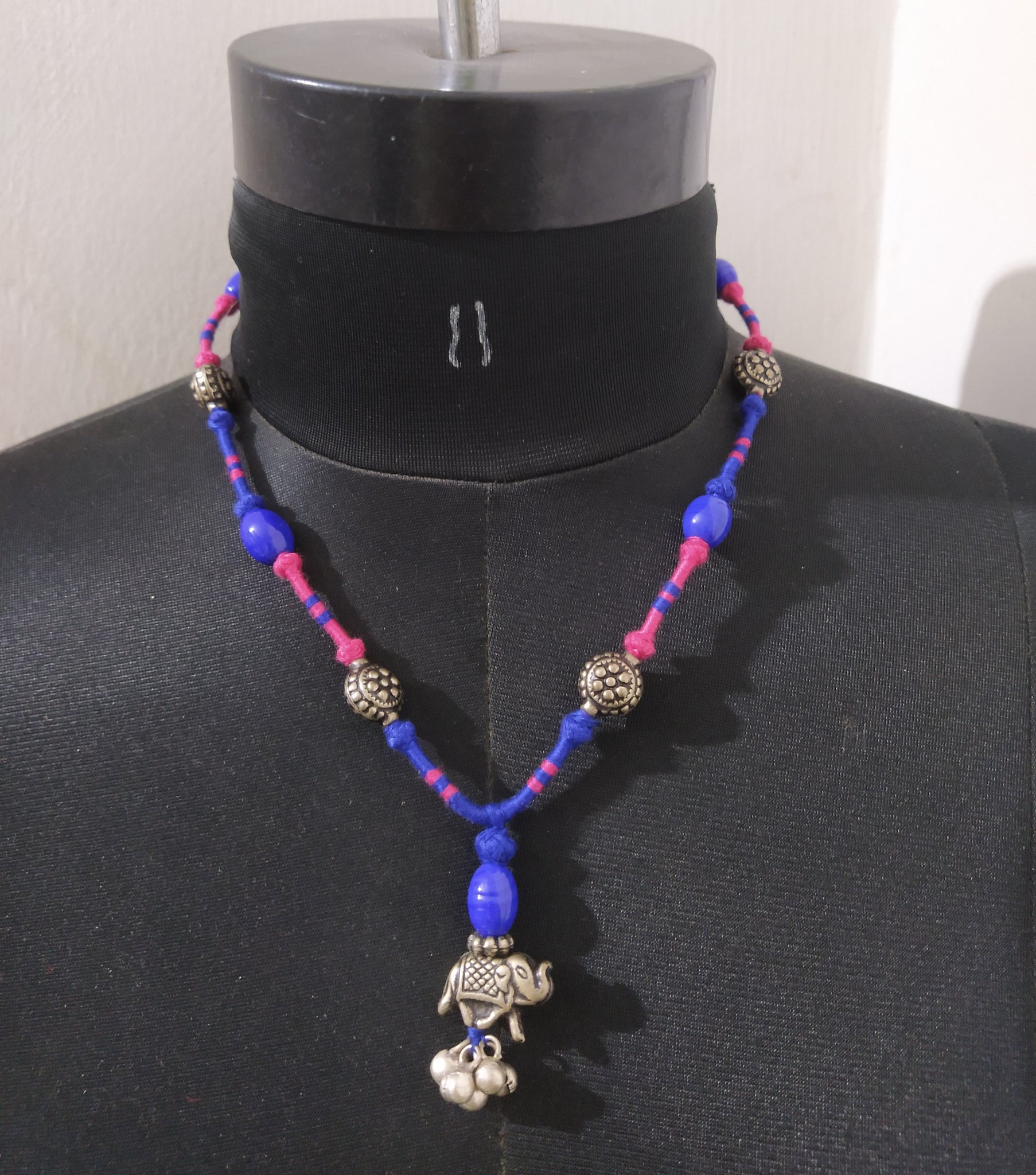 Blue Long Thread & Metal Bead Choker