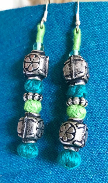 Blue and Green thread and silver bead earrings-Big