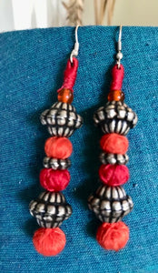 Red thread and silver bead earrings-Big