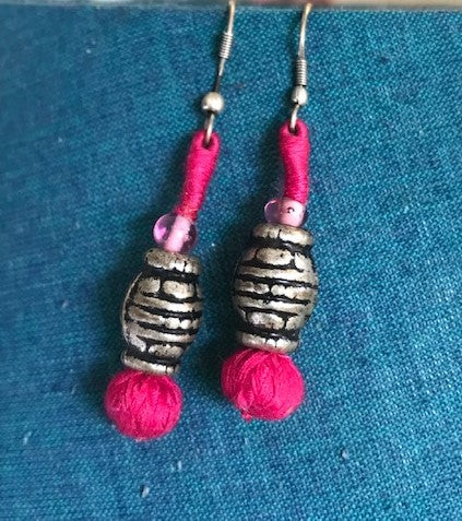 Pink thread and round single bead earring-Small