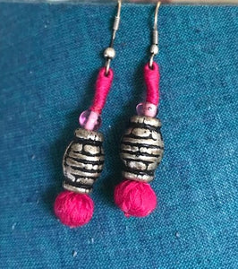 Pink thread and round single bead earring-Small