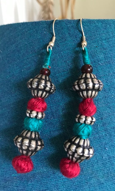 Blue and Pink thread and silver bead earrings-Big