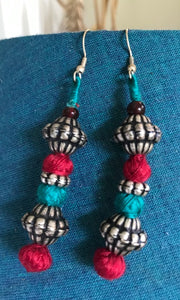 Blue and Pink thread and silver bead earrings-Big