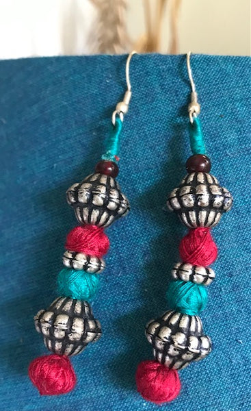 Blue and Pink thread and silver bead earrings-Big
