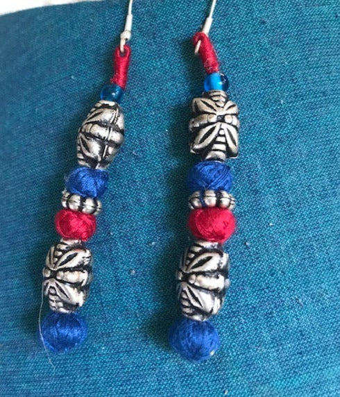 Dark Blue and Pink thread and silver bead earrings-Big