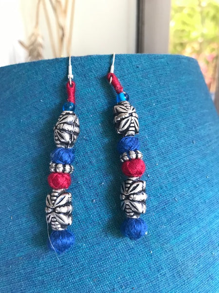 Dark Blue and Pink thread and silver bead earrings-Big