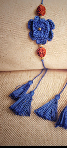Handmade Crochet Rakhi with Rudraksh - Navy Blue double flower
