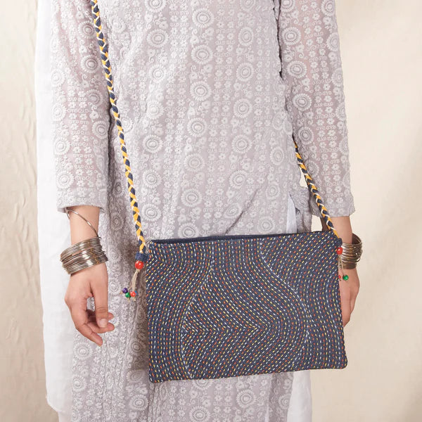 Shagun Sling Bag - Denim with Kantha/Sujha