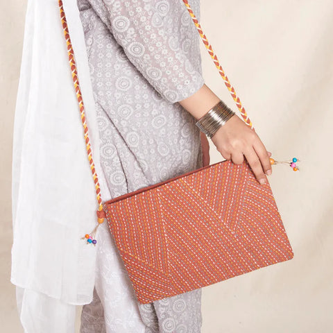 Shagun Sling Bag - Peach with Kantha/Sujha