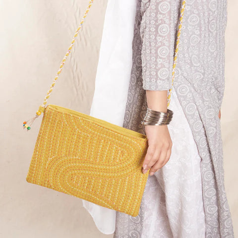 Shagun Sling Bag - Yellow with Kantha/Sujha