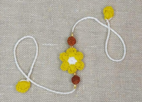Handmade Crochet Rakhi with Rudraksh - Yellow & White Flower