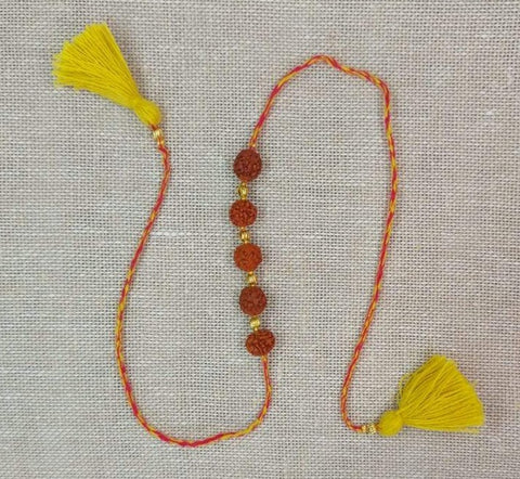 Handmade 5-beads Rudrakash Rakhi - Yellow