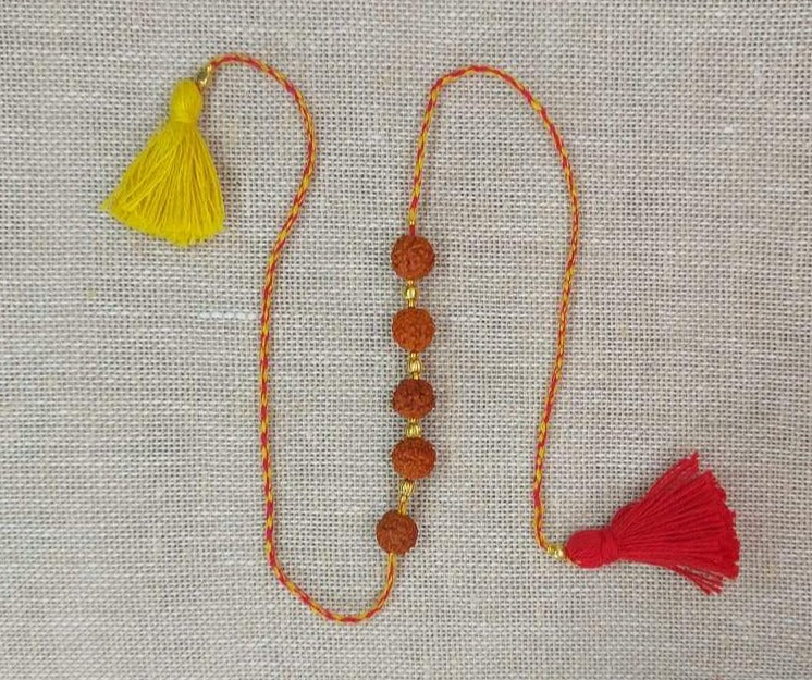 Handmade 5-beads Rudrakash Rakhi - Multi-colour