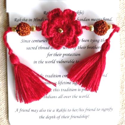 Handmade Crochet Rakhi with Rudraksh - Red double flower