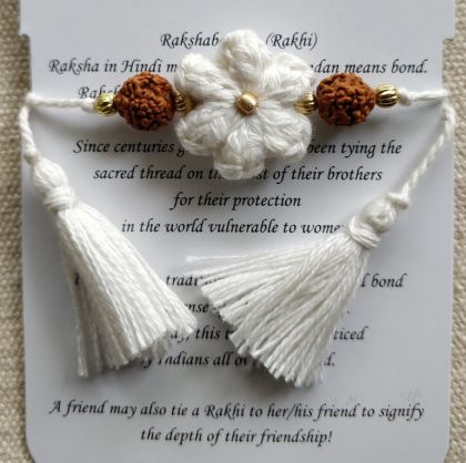 Handmade Crochet Rakhi with Rudraksh - White flower