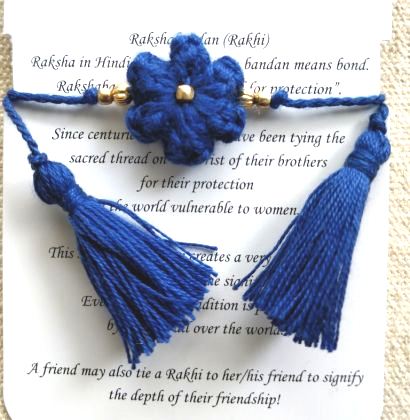 Handmade Crochet Rakhi with Beads - Navy Blue Single Flower