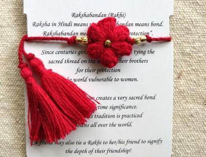 Handmade Crochet Rakhi with Beads - Red Single Flower