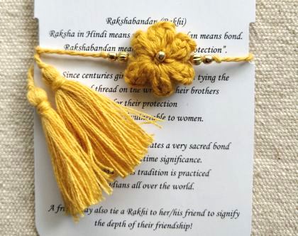 Handmade Crochet Rakhi with beads - Yellow flower