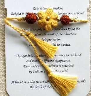 Handmade Crochet Rakhi with Rudraksh - Yellow Single Flower