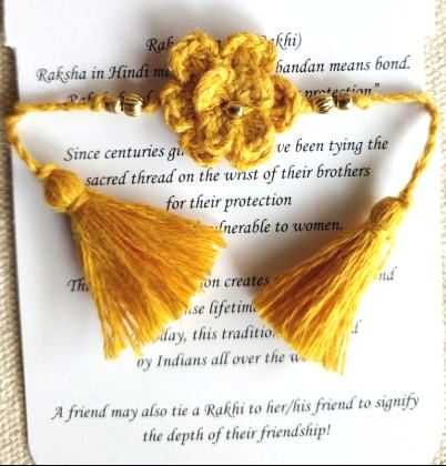 Handmade Crochet Rakhi with Beads - Yellow double Flower