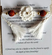 Handmade Crochet Rakhi with Rudraksh - White double flower