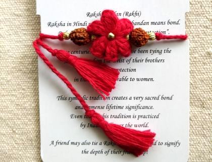 Handmade Crochet Rakhi with Rudraksh - Red Flower